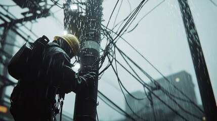 Electrician in safety gear working on power lines during rainy weather in an urban area, ensuring safe and reliable electricity supply.
