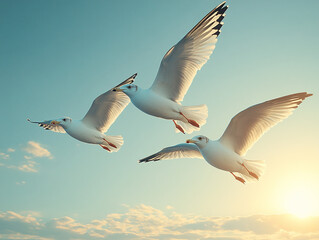 Obraz premium three seagulls flying in a blue sky with sun shining through clouds - freedom, nature, birds, white, summer, beach, coastal