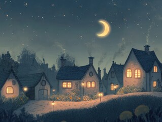 Fototapeta premium Charming Village Houses at Night with Crescent Moon and Stars - Digital Illustration.