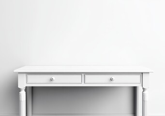 Elegant white desk with two drawers against a plain white wall, perfect for a minimalist home office or study space.