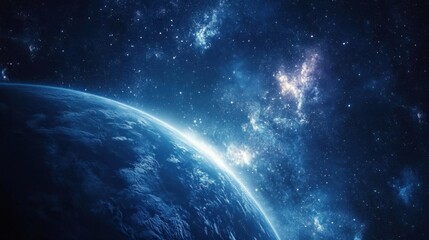 Earth atmosphere glowing faintly in space, with its blue surface and swirling clouds illuminated by the Sun