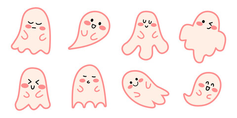 A set of cute Halloween ghost cartoon characters with different face expression on a simple background. Suitable for wallpaper, textile prints, covers, digital backgrounds, scrapbooking, etc.