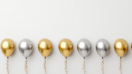 Gold and Silver Balloons with Gold Confetti on White Background - Party Decoration, Celebration, Birthday, Anniversary, Wedding, Festive