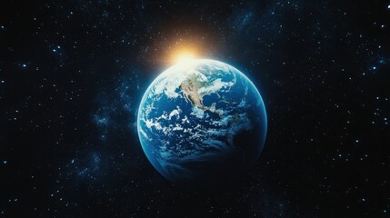 Earth blue oceans and continents seen from space, with the planet illuminated by sunlight against the darkness of the universe