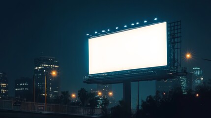 Empty illuminated billboard in a nighttime urban setting with skyscrapers and city lights in the background.
