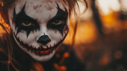 Celebrating Day of the Dead with intricate face paint and vibrant autumn backdrop