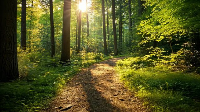 A dirt path winds through a lush forest, bathed in the warm glow of the setting sun