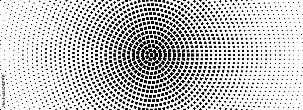 Poster halftone concentric dotted background. square dots comic gradient texture. radial fading gradation w