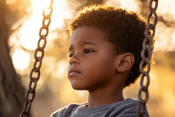 Young Boy with Curly Hair Looking Pensively at Sunset