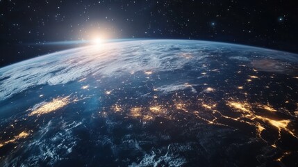 Fototapeta premium Earth night side seen from orbit, with glowing city lights dotting the continents and clouds floating overhead
