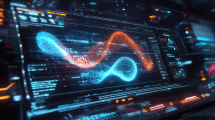 virtual dashboard displaying live mutations of holographic data visualization, featuring dynamic blue and orange waveforms. interface showcases advanced analytics and real time data processing,