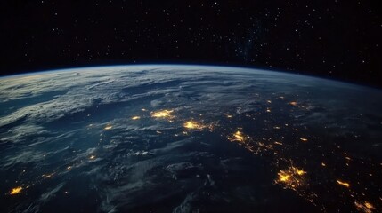 Obraz premium Earth night side seen from space, with glowing city lights and faint clouds covering the surface beneath the atmosphere
