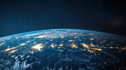 Obraz premium Earth's surface seen from high altitude, showing the transition from day to night with cities lighting up across the continents