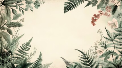 Fototapeta premium Vintage Floral Frame with Ferns and Flowers - Watercolor Botanical Border on Cream Background.