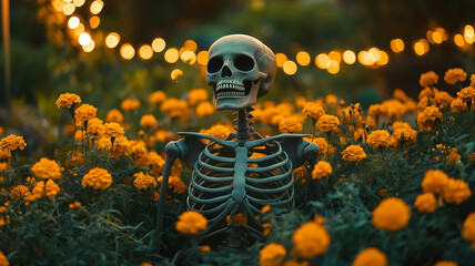 Celebrating Day of the Dead with a skeleton among vibrant marigold flowers at dusk