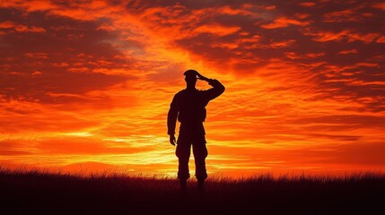 Silhouette of a Soldier Saluting at Sunset - Patriotism, Military,  Respect, Honor, Courage,  American Flag,  Freedom,  Veteran,  Memorial Day,  Veterans Day