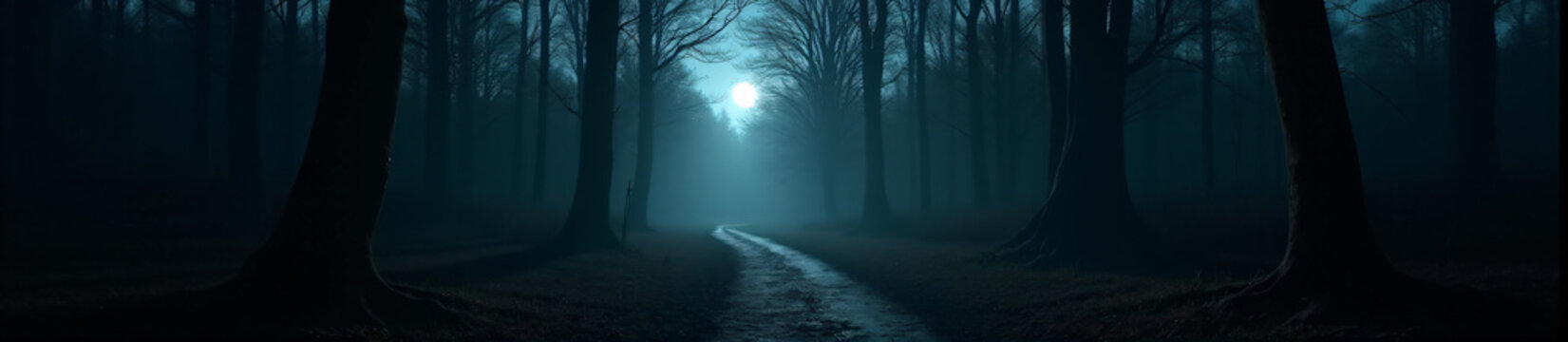 360 degree, dark forest path illuminated by the moon, with ghostly apparitions floating. HDRI spherical panorama.