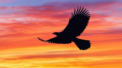Obraz premium Eagle Silhouette Soaring Through Dramatic Sunset Sky.