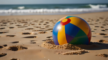 a colorful beach ball resting on soft, golden beach sand