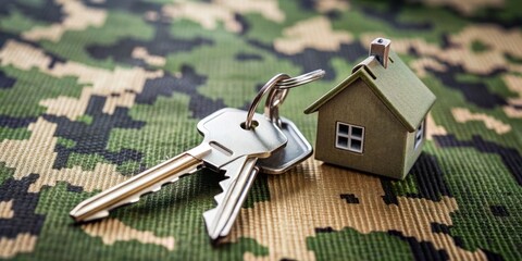 House keys in front of a camo background