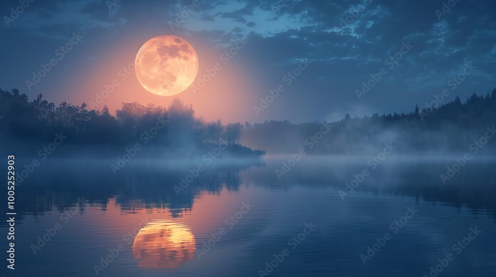 Sticker full moon glows over a misty lake surrounded by dark trees, creating a serene and enchanting atmosph