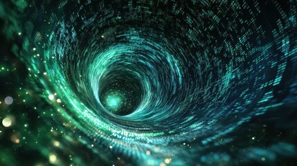 Abstract Digital Vortex - Green and Blue Binary Code Tunnel with Glowing Lights