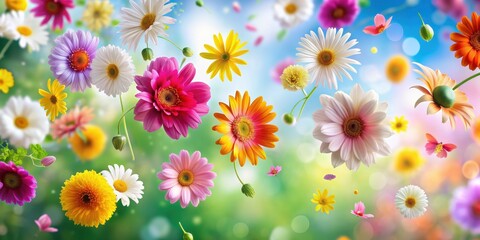 Background with colorful flowers flying in the air, flowers, flying, movement, petals, bright, colorful, bloom, beauty, spring