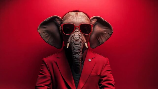 Elephant Wearing Red Suit and Sunglasses Against Red Background