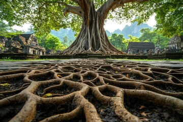 Obraz premium Ancient Tree Roots Encroaching on Stone Pathway in a Tropical Temple Complex