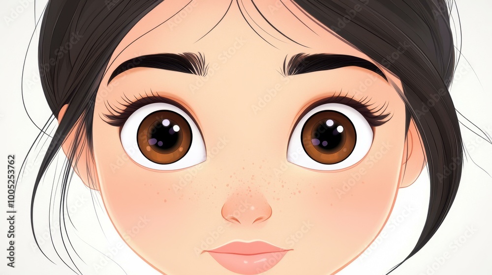 Poster a stunning cartoon of a girl with large brown eyes, set against a vibrant and clean background.