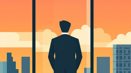 Fototapeta premium A businessman gazes sadly from his highrise apartment, reflecting on wealths emptiness in a vibrant pop art scene.
