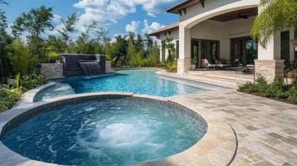 Luxury backyard with a modern swimming pool and hot tub surrounded by a lush garden and a spacious patio area on a sunny day.