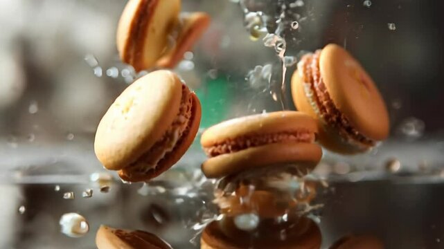 Slow Motion Macro Shot of Five Macarons Splashing in Water