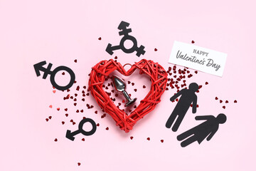 Festive postcard with anal plug, symbol of transgender and hearts confetti on pink background....