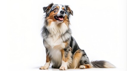 Excited Australian Shepherd dog sitting sideways and looking up, australian shepherd, dog, excited, sitting, side view, looking up