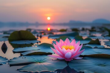 Beautiful pink lotus flower blooming in the pond with sunset