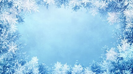 Frosted Pine Branches Frame - Winter Blue Background for Holiday, Christmas, New Year, Greeting Card, Invitation, Design