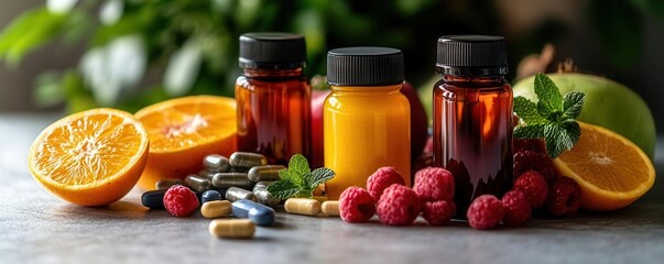 Clean shot of weight loss supplement bottles arranged with fresh fruits and a smoothie, natural supplements, weight management