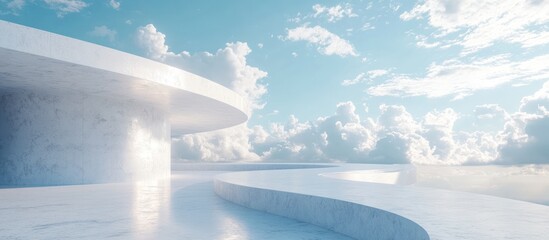 Modern white architecture platform with blue sky and clouds.
