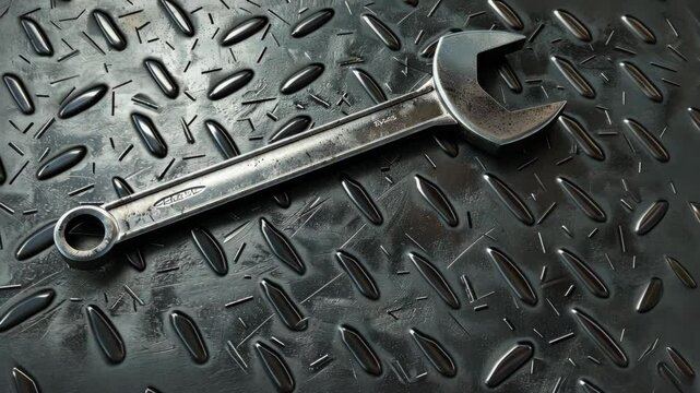 A wrench rests on a metal surface with a diamond plate pattern