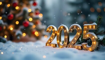 Large golden numerals 2025 indicating the new year with a Christmas tree and decorations background
