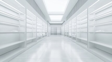 Fototapeta premium Minimalistic white interior of a futuristic empty store with bright lighting and clean empty shelves, representing a modern retail design.