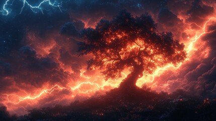 Fototapeta premium A large tree stands tall against a dramatic sky filled with lightning bolts and dark clouds. The tree appears to be on fire, casting a warm glow on the surrounding landscape.