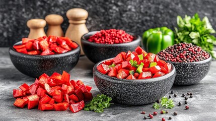A colorful assortment of chopped vegetables and spices in bowls, ideal for cooking or presentation.