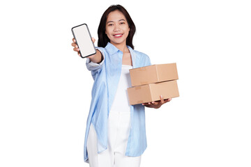 Asian woman holding boxed package while showing phone screen mockup isolated transparent