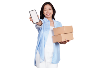 Asian woman holding boxed package while showing phone screen mockup isolated transparent