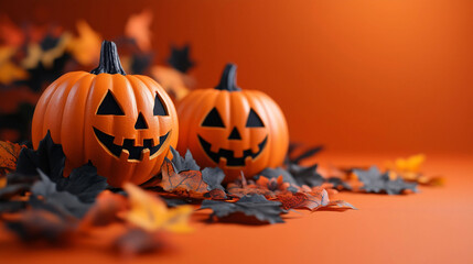 Minimalist Halloween Decorations with Pumpkins on an Orange Background, Featuring a Large Blank Space in the Center for Text or Graphics