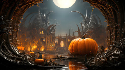 Halloween in sci-fi gothic style, a dark fantasy realm, orange pumpkins, evil creatures, modern surrealistic ambience, futuristic mysterious atmosphere. Unique background for invitation card, banner. 