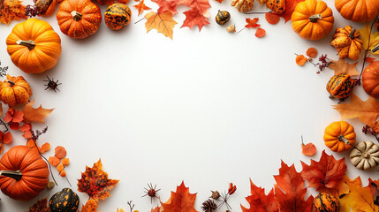 Fototapeta premium Minimalist Halloween Decorations with Pumpkins on an white Background, Featuring a Large Blank Space in the Center for Text or Graphics