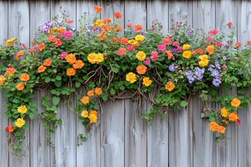 Fototapeta premium Colorful Flowers Blooming Over a Wooden Fence